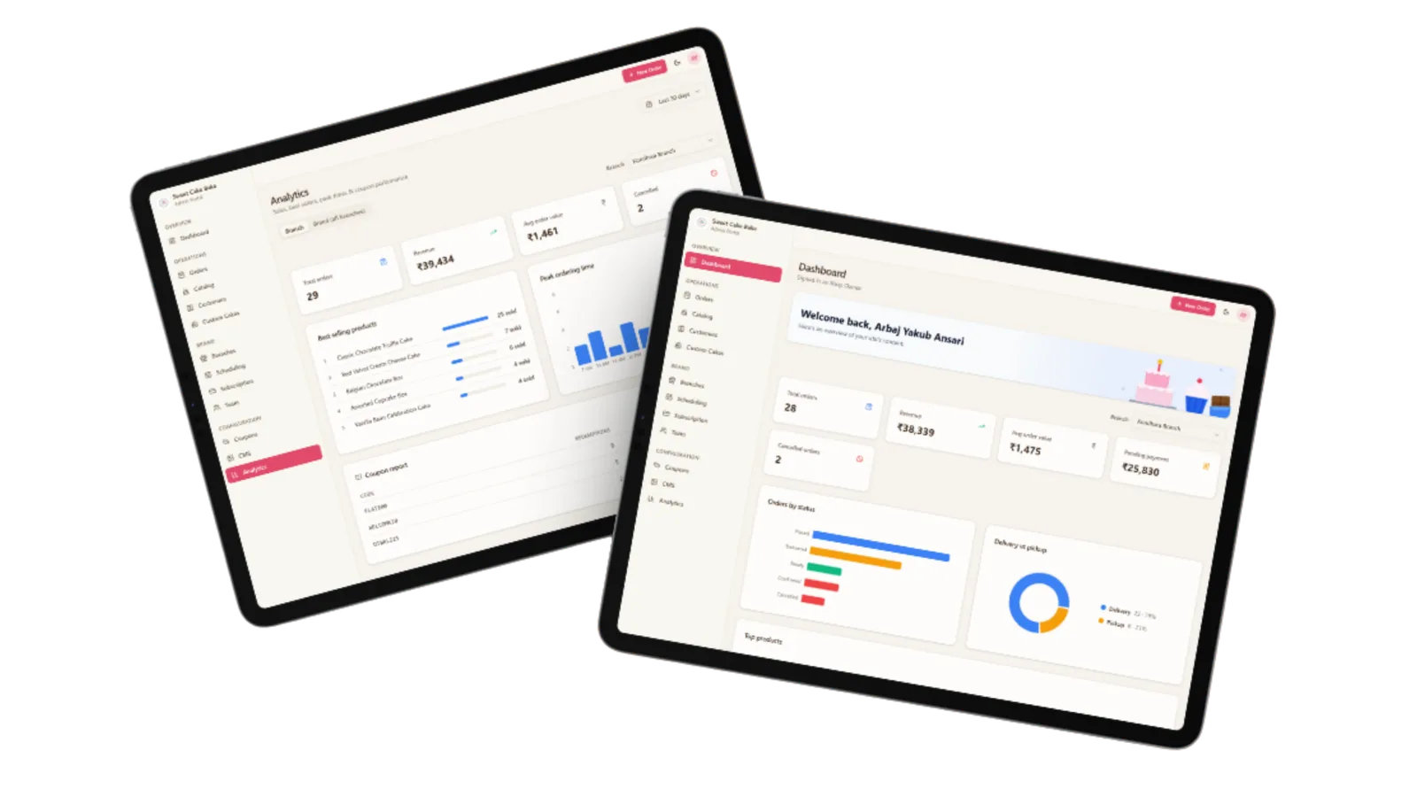 The Frostique owner screen on two tablets, showing sales reports and today's orders side by side