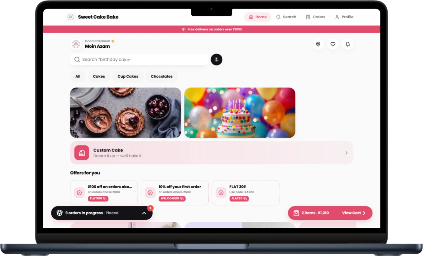 The same online cake shop on a laptop, with advance booking, offers and order tracking