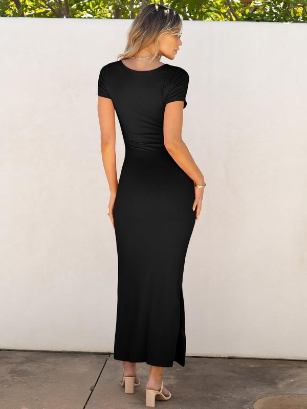 ANRABESS Women Summer Short Sleeve Ruched Bodycon Slit Club Evening Party Cocktail Formal Wedding Guest Long Maxi Dresses - Image 4