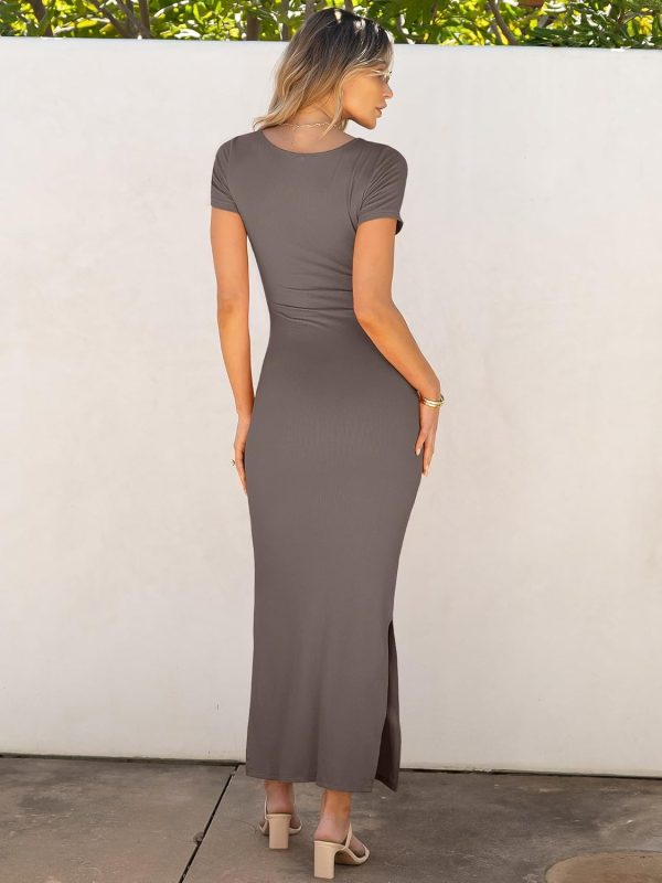 ANRABESS Women Summer Short Sleeve Ruched Bodycon Slit Club Evening Party Cocktail Formal Wedding Guest Long Maxi Dresses - Image 16