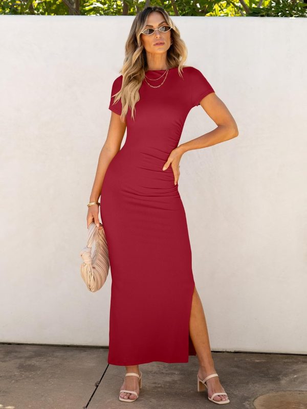 ANRABESS Women Summer Short Sleeve Ruched Bodycon Slit Club Evening Party Cocktail Formal Wedding Guest Long Maxi Dresses - Image 26