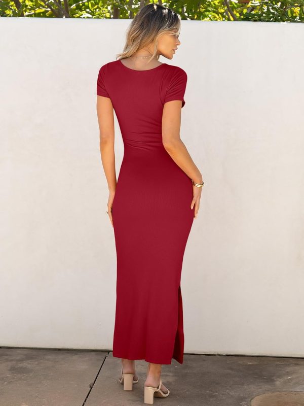 ANRABESS Women Summer Short Sleeve Ruched Bodycon Slit Club Evening Party Cocktail Formal Wedding Guest Long Maxi Dresses - Image 28