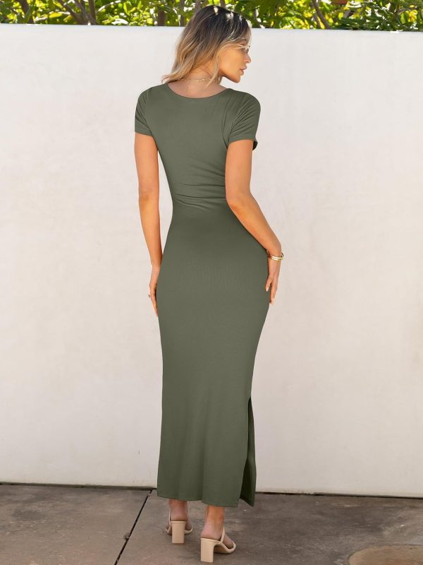 ANRABESS Women Summer Short Sleeve Ruched Bodycon Slit Club Evening Party Cocktail Formal Wedding Guest Long Maxi Dresses - Image 34