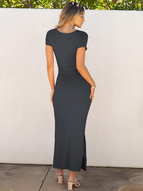 ANRABESS Women Summer Short Sleeve Ruched Bodycon Slit Club Evening Party Cocktail Formal Wedding Guest Long Maxi Dresses - Image 58