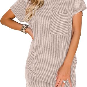 ANRABESS Womens Casual Summer Ribbed Knit Tunic Tshirt Mini Dresses 2025 Trendy Crewneck Short Sleeve Beach Loose Shift Dress