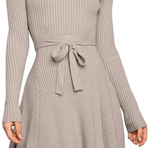 ANRABESS Women's Long Sleeve Midi Dress Crewneck Tie Waist A-Line Swing Casual Bodycon Ribbed Knit 2025 Fall Sweater Dress