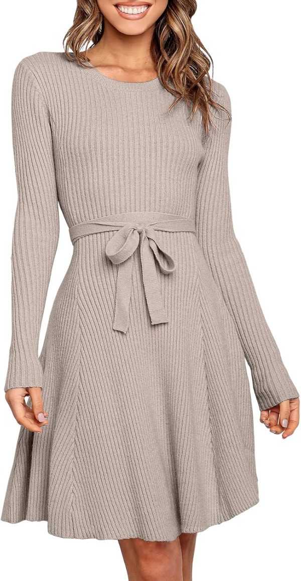 ANRABESS Women's Long Sleeve Midi Dress Crewneck Tie Waist A-Line Swing Casual Bodycon Ribbed Knit 2025 Fall Sweater Dress