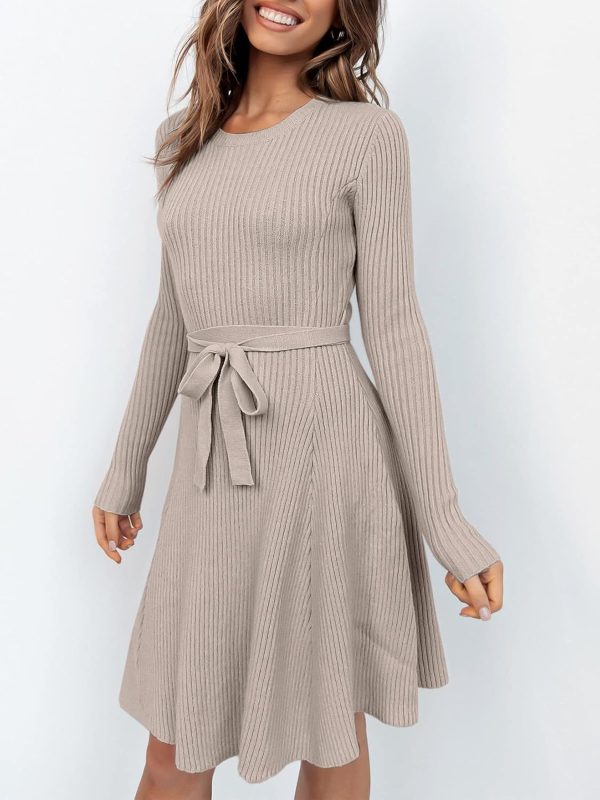 ANRABESS Women's Long Sleeve Midi Dress Crewneck Tie Waist A-Line Swing Casual Bodycon Ribbed Knit 2025 Fall Sweater Dress - Image 2
