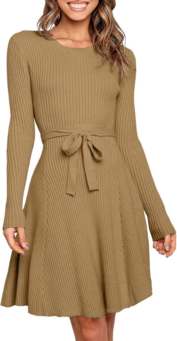 ANRABESS Women's Long Sleeve Midi Dress Crewneck Tie Waist A-Line Swing Casual Bodycon Ribbed Knit 2025 Fall Sweater Dress - Image 6