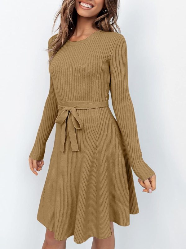 ANRABESS Women's Long Sleeve Midi Dress Crewneck Tie Waist A-Line Swing Casual Bodycon Ribbed Knit 2025 Fall Sweater Dress - Image 7