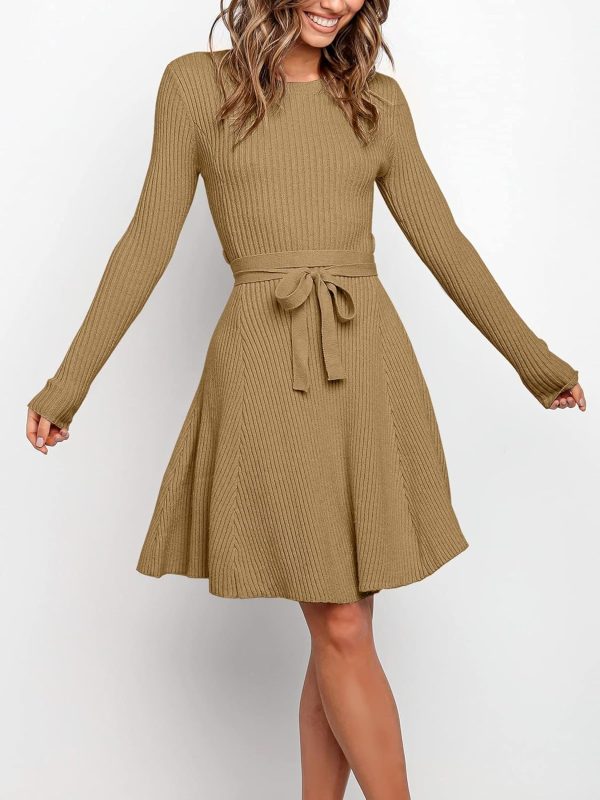 ANRABESS Women's Long Sleeve Midi Dress Crewneck Tie Waist A-Line Swing Casual Bodycon Ribbed Knit 2025 Fall Sweater Dress - Image 8
