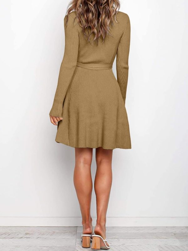 ANRABESS Women's Long Sleeve Midi Dress Crewneck Tie Waist A-Line Swing Casual Bodycon Ribbed Knit 2025 Fall Sweater Dress - Image 9