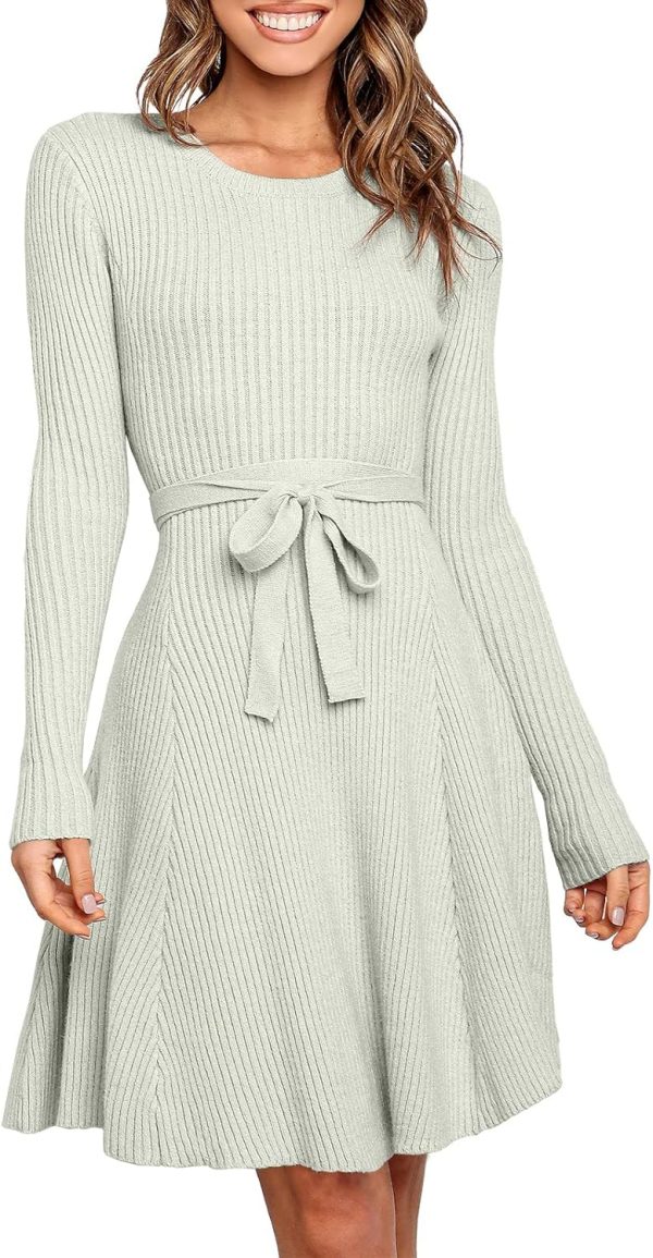 ANRABESS Women's Long Sleeve Midi Dress Crewneck Tie Waist A-Line Swing Casual Bodycon Ribbed Knit 2025 Fall Sweater Dress - Image 12