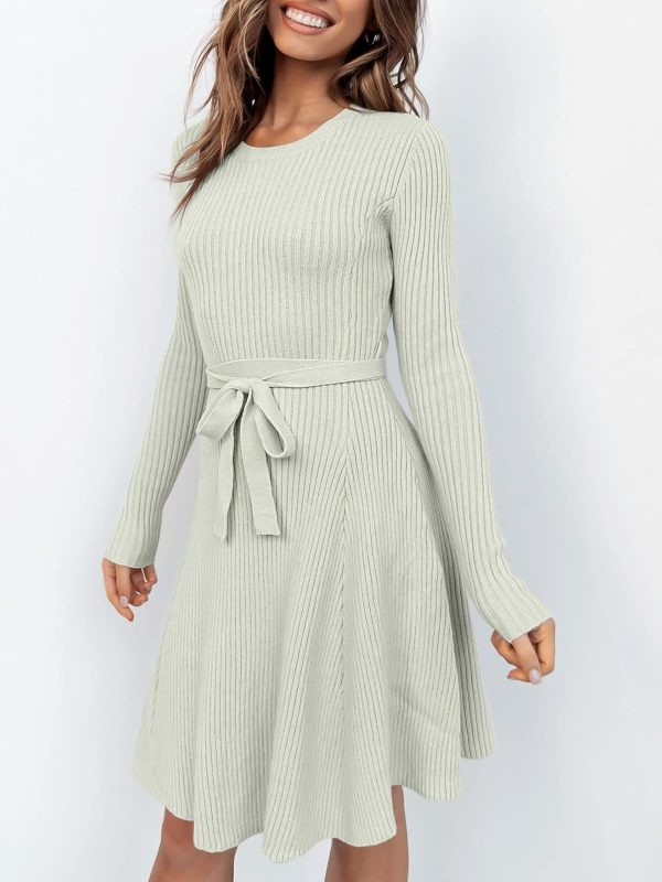 ANRABESS Women's Long Sleeve Midi Dress Crewneck Tie Waist A-Line Swing Casual Bodycon Ribbed Knit 2025 Fall Sweater Dress - Image 13