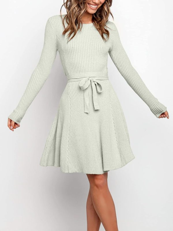 ANRABESS Women's Long Sleeve Midi Dress Crewneck Tie Waist A-Line Swing Casual Bodycon Ribbed Knit 2025 Fall Sweater Dress - Image 14
