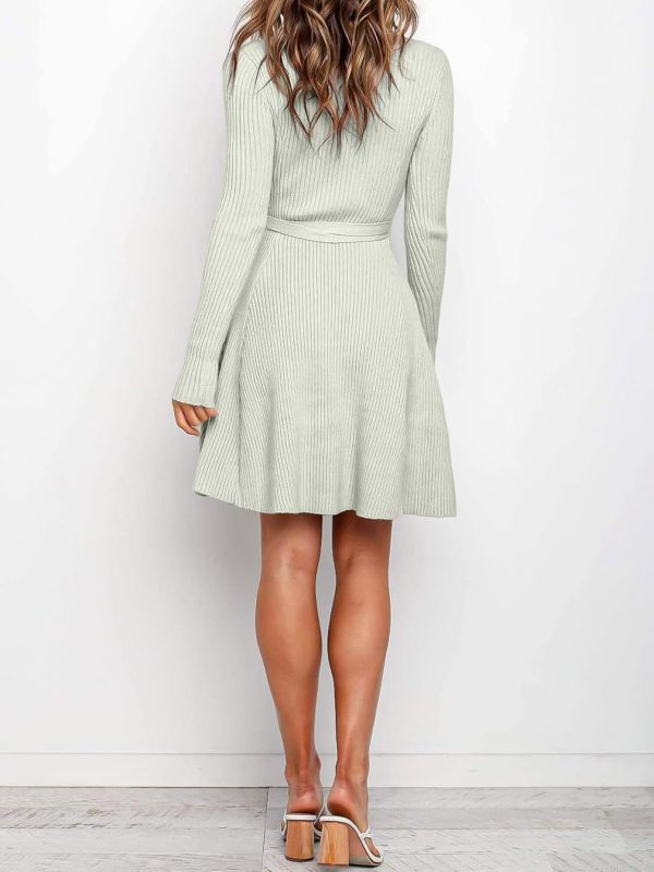 ANRABESS Women's Long Sleeve Midi Dress Crewneck Tie Waist A-Line Swing Casual Bodycon Ribbed Knit 2025 Fall Sweater Dress - Image 15