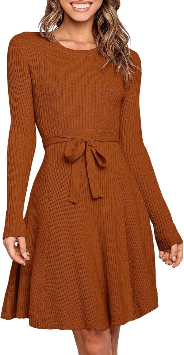 ANRABESS Women's Long Sleeve Midi Dress Crewneck Tie Waist A-Line Swing Casual Bodycon Ribbed Knit 2025 Fall Sweater Dress - Image 18