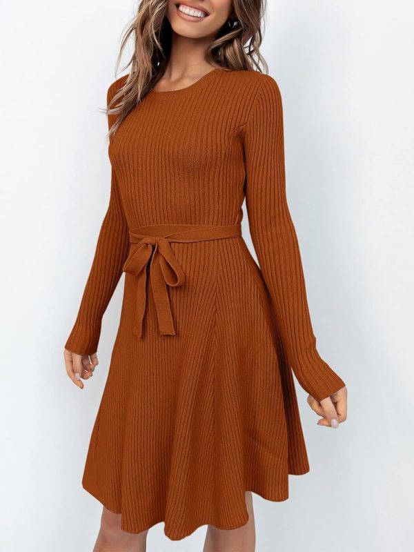 ANRABESS Women's Long Sleeve Midi Dress Crewneck Tie Waist A-Line Swing Casual Bodycon Ribbed Knit 2025 Fall Sweater Dress - Image 19