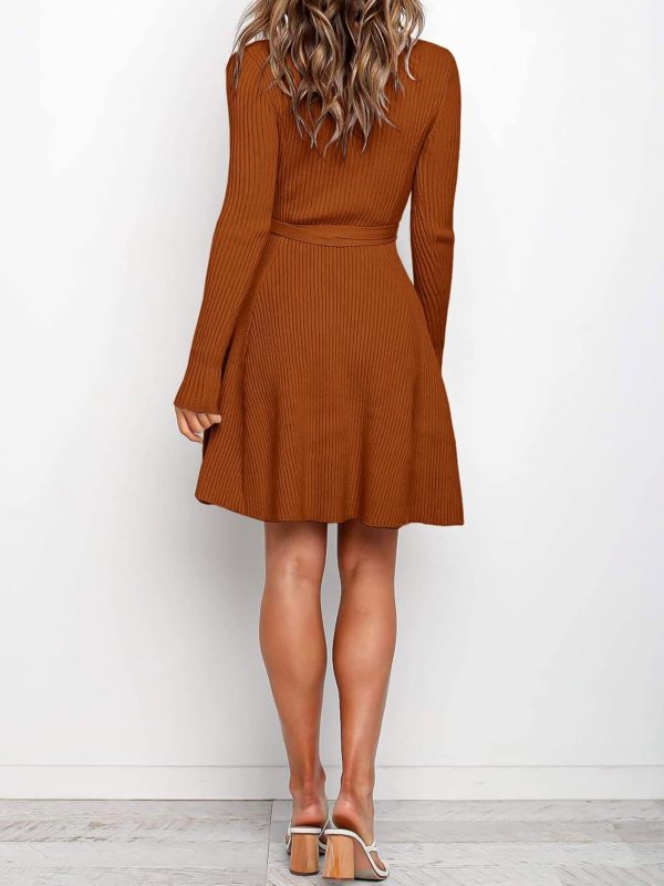 ANRABESS Women's Long Sleeve Midi Dress Crewneck Tie Waist A-Line Swing Casual Bodycon Ribbed Knit 2025 Fall Sweater Dress - Image 21