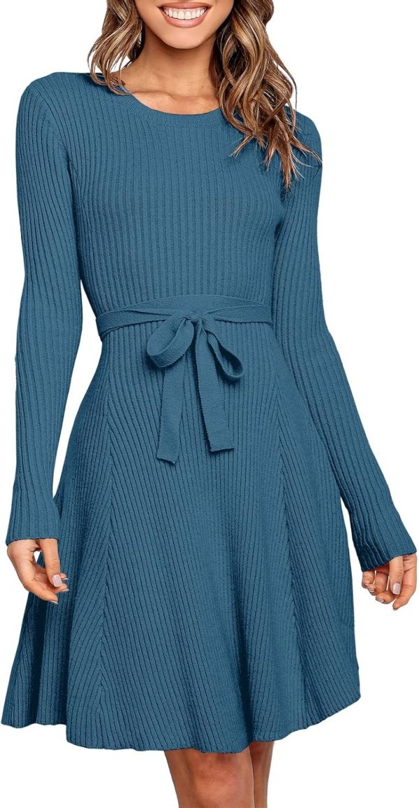 ANRABESS Women's Long Sleeve Midi Dress Crewneck Tie Waist A-Line Swing Casual Bodycon Ribbed Knit 2025 Fall Sweater Dress - Image 24