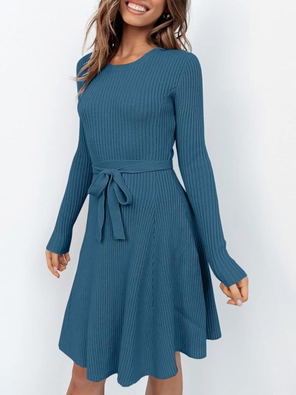 ANRABESS Women's Long Sleeve Midi Dress Crewneck Tie Waist A-Line Swing Casual Bodycon Ribbed Knit 2025 Fall Sweater Dress - Image 25