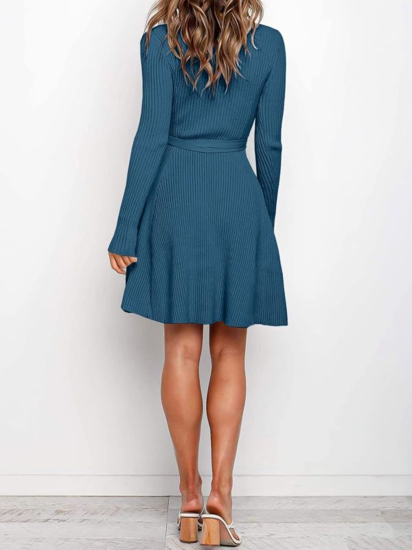 ANRABESS Women's Long Sleeve Midi Dress Crewneck Tie Waist A-Line Swing Casual Bodycon Ribbed Knit 2025 Fall Sweater Dress - Image 27