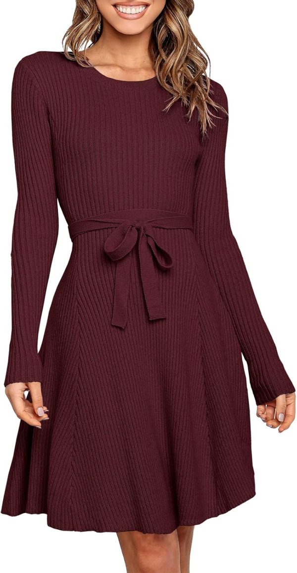 ANRABESS Women's Long Sleeve Midi Dress Crewneck Tie Waist A-Line Swing Casual Bodycon Ribbed Knit 2025 Fall Sweater Dress - Image 30
