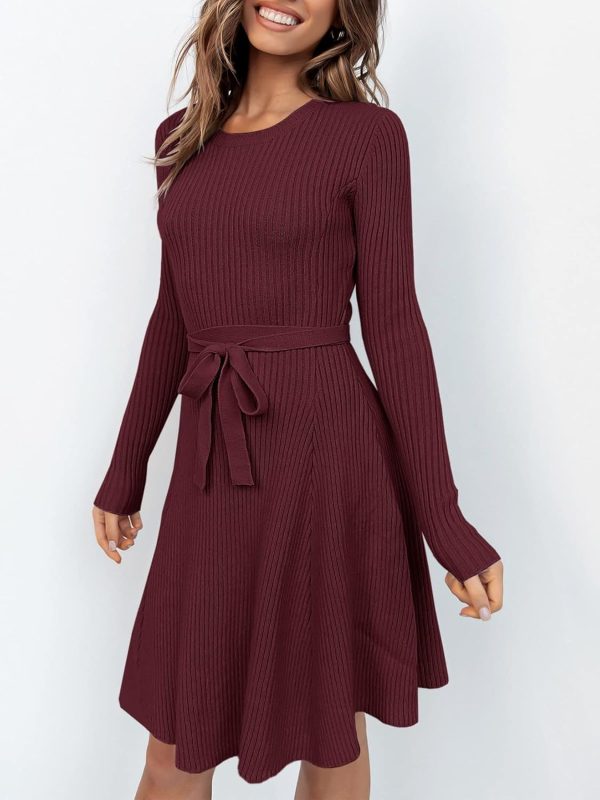 ANRABESS Women's Long Sleeve Midi Dress Crewneck Tie Waist A-Line Swing Casual Bodycon Ribbed Knit 2025 Fall Sweater Dress - Image 31