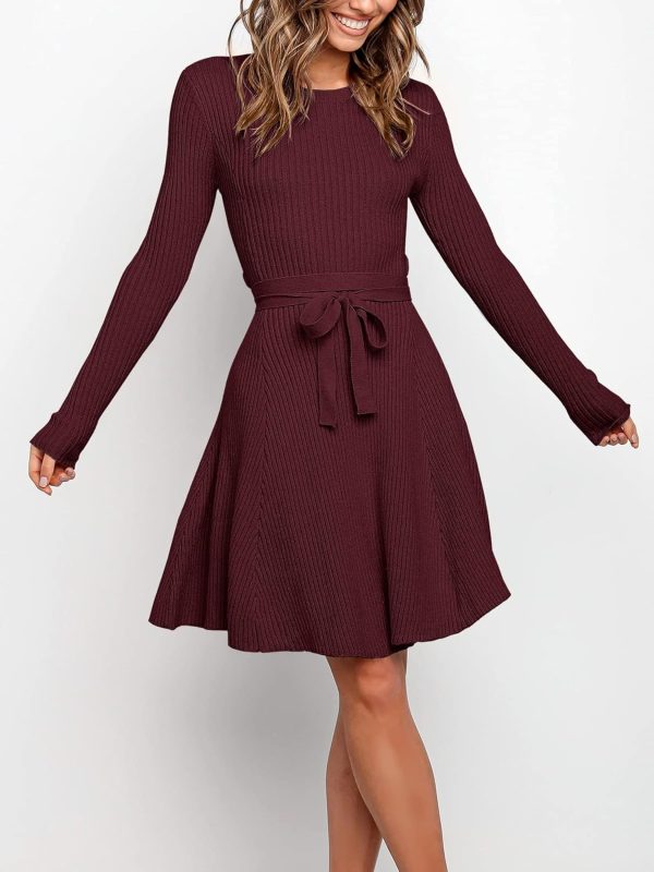 ANRABESS Women's Long Sleeve Midi Dress Crewneck Tie Waist A-Line Swing Casual Bodycon Ribbed Knit 2025 Fall Sweater Dress - Image 32