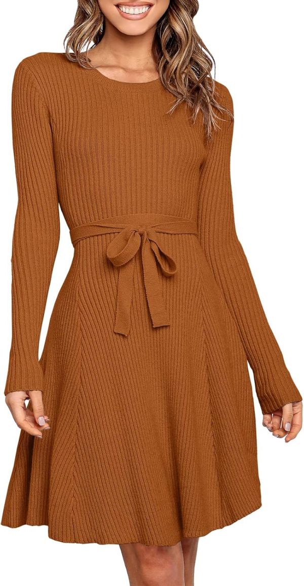 ANRABESS Women's Long Sleeve Midi Dress Crewneck Tie Waist A-Line Swing Casual Bodycon Ribbed Knit 2025 Fall Sweater Dress - Image 35