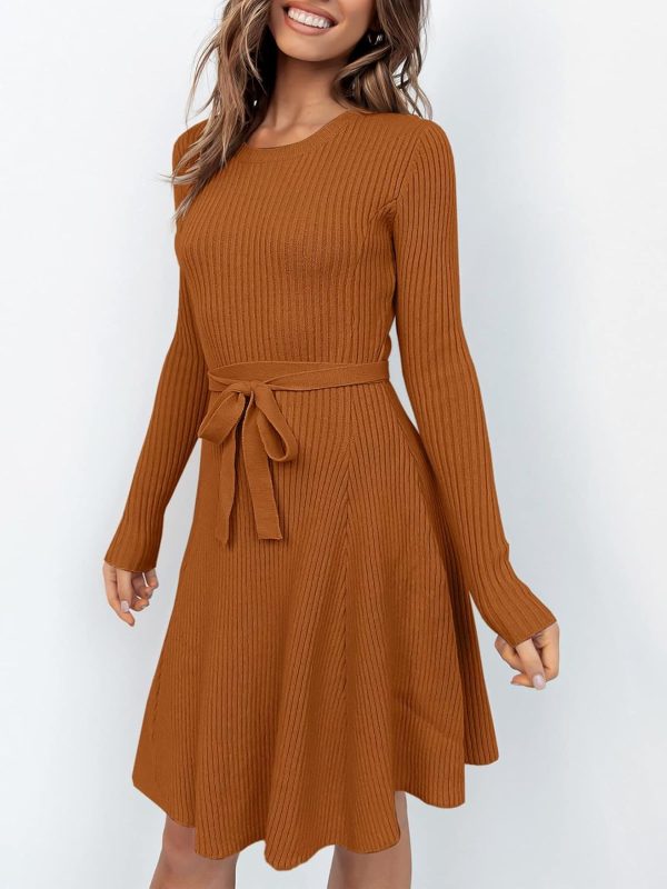 ANRABESS Women's Long Sleeve Midi Dress Crewneck Tie Waist A-Line Swing Casual Bodycon Ribbed Knit 2025 Fall Sweater Dress - Image 36