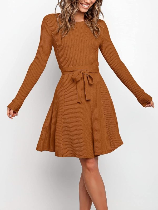 ANRABESS Women's Long Sleeve Midi Dress Crewneck Tie Waist A-Line Swing Casual Bodycon Ribbed Knit 2025 Fall Sweater Dress - Image 37