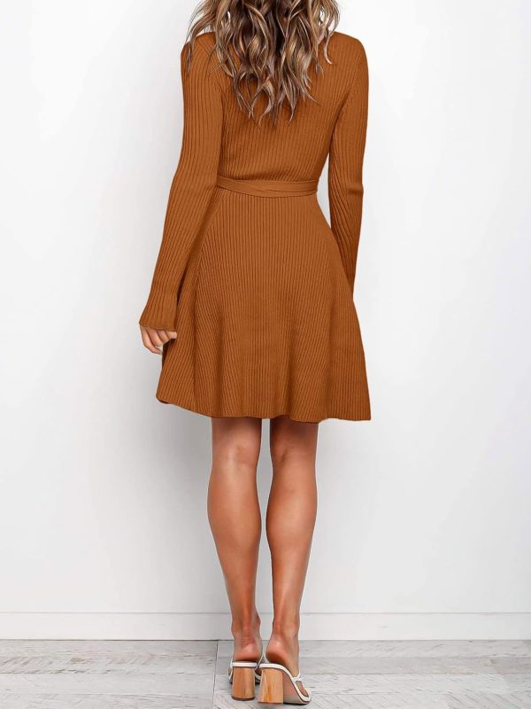 ANRABESS Women's Long Sleeve Midi Dress Crewneck Tie Waist A-Line Swing Casual Bodycon Ribbed Knit 2025 Fall Sweater Dress - Image 38