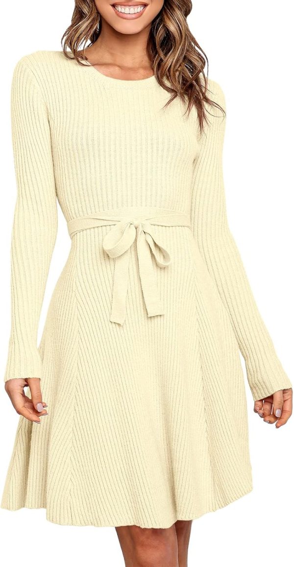 ANRABESS Women's Long Sleeve Midi Dress Crewneck Tie Waist A-Line Swing Casual Bodycon Ribbed Knit 2025 Fall Sweater Dress - Image 41