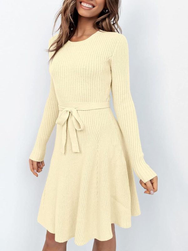 ANRABESS Women's Long Sleeve Midi Dress Crewneck Tie Waist A-Line Swing Casual Bodycon Ribbed Knit 2025 Fall Sweater Dress - Image 42