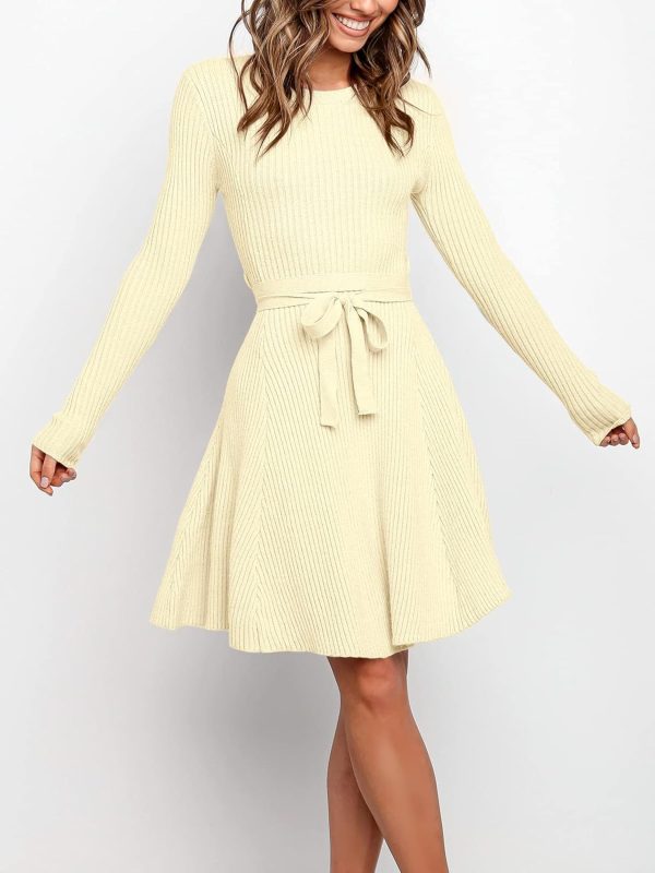 ANRABESS Women's Long Sleeve Midi Dress Crewneck Tie Waist A-Line Swing Casual Bodycon Ribbed Knit 2025 Fall Sweater Dress - Image 43