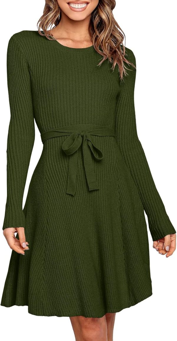 ANRABESS Women's Long Sleeve Midi Dress Crewneck Tie Waist A-Line Swing Casual Bodycon Ribbed Knit 2025 Fall Sweater Dress - Image 47