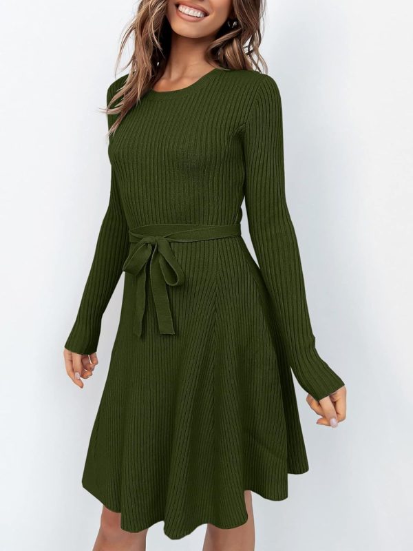 ANRABESS Women's Long Sleeve Midi Dress Crewneck Tie Waist A-Line Swing Casual Bodycon Ribbed Knit 2025 Fall Sweater Dress - Image 48