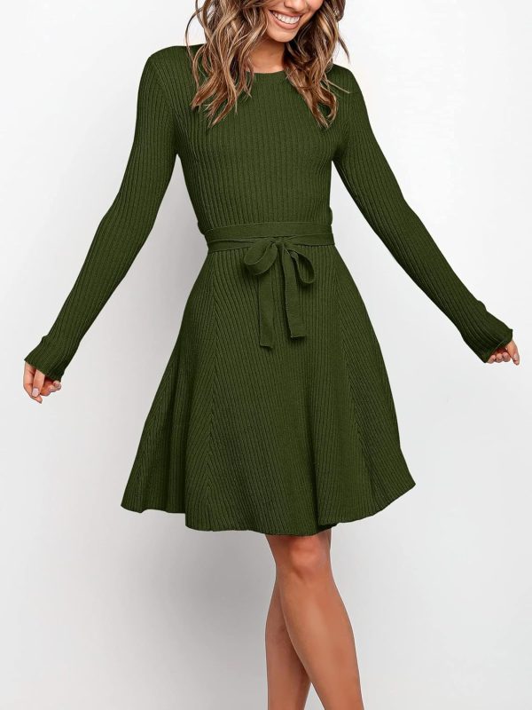ANRABESS Women's Long Sleeve Midi Dress Crewneck Tie Waist A-Line Swing Casual Bodycon Ribbed Knit 2025 Fall Sweater Dress - Image 49