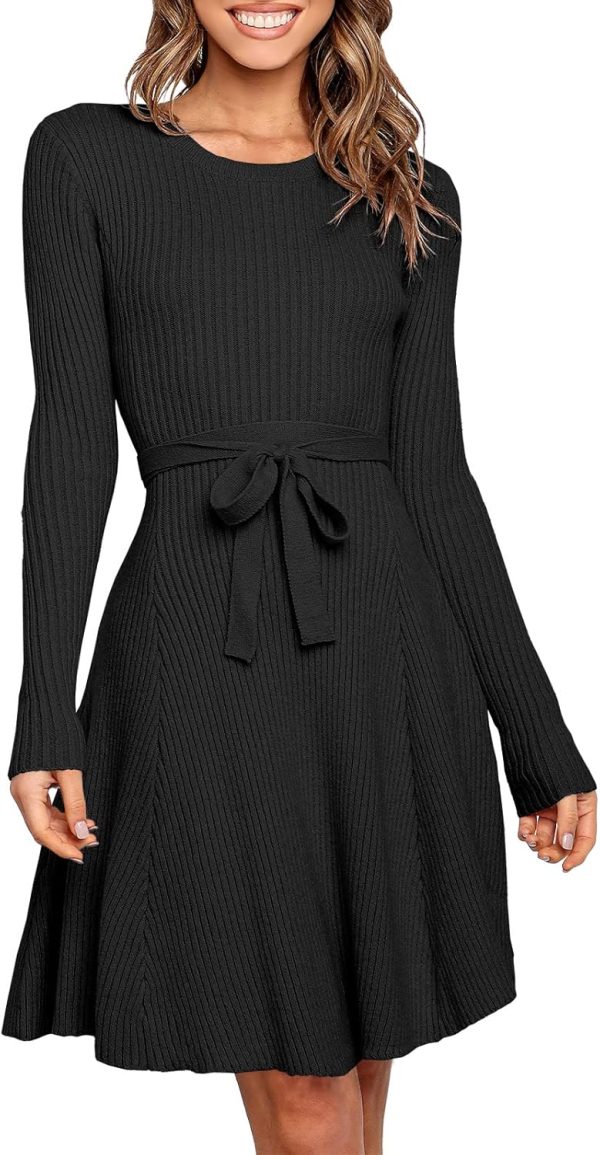 ANRABESS Women's Long Sleeve Midi Dress Crewneck Tie Waist A-Line Swing Casual Bodycon Ribbed Knit 2025 Fall Sweater Dress - Image 53