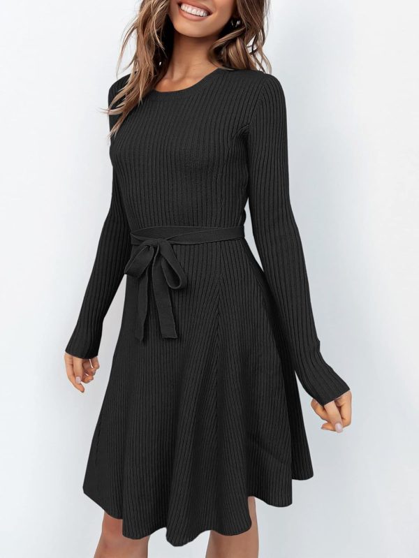 ANRABESS Women's Long Sleeve Midi Dress Crewneck Tie Waist A-Line Swing Casual Bodycon Ribbed Knit 2025 Fall Sweater Dress - Image 54