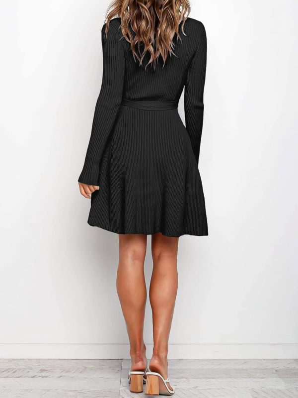 ANRABESS Women's Long Sleeve Midi Dress Crewneck Tie Waist A-Line Swing Casual Bodycon Ribbed Knit 2025 Fall Sweater Dress - Image 56
