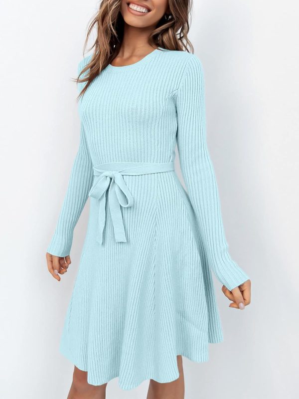 ANRABESS Women's Long Sleeve Midi Dress Crewneck Tie Waist A-Line Swing Casual Bodycon Ribbed Knit 2025 Fall Sweater Dress - Image 60