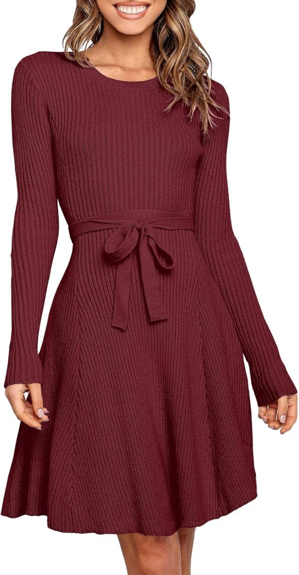 ANRABESS Women's Long Sleeve Midi Dress Crewneck Tie Waist A-Line Swing Casual Bodycon Ribbed Knit 2025 Fall Sweater Dress - Image 65