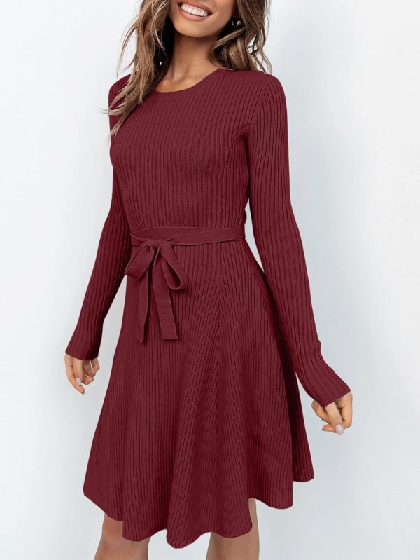 ANRABESS Women's Long Sleeve Midi Dress Crewneck Tie Waist A-Line Swing Casual Bodycon Ribbed Knit 2025 Fall Sweater Dress - Image 66