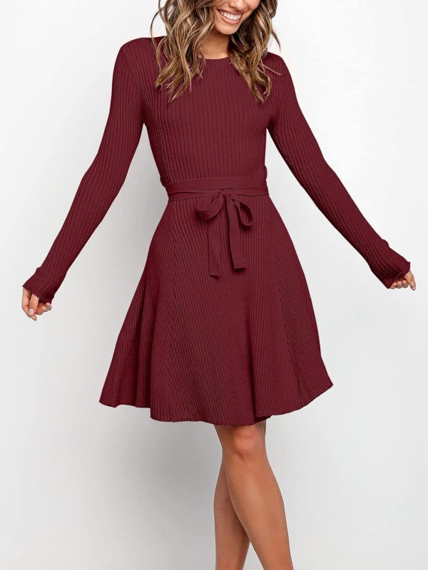 ANRABESS Women's Long Sleeve Midi Dress Crewneck Tie Waist A-Line Swing Casual Bodycon Ribbed Knit 2025 Fall Sweater Dress - Image 67
