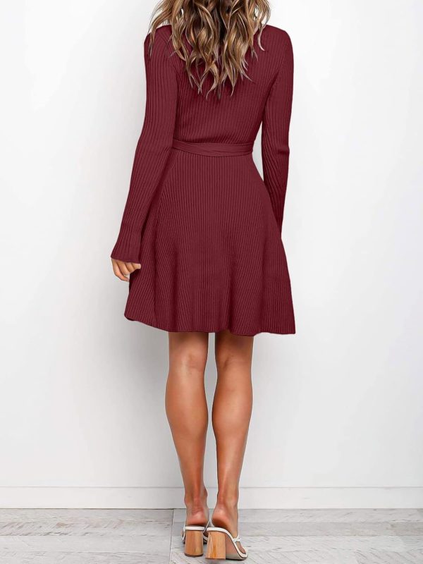 ANRABESS Women's Long Sleeve Midi Dress Crewneck Tie Waist A-Line Swing Casual Bodycon Ribbed Knit 2025 Fall Sweater Dress - Image 68
