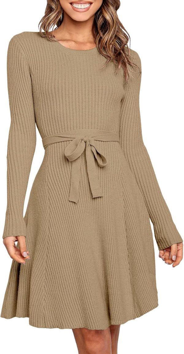ANRABESS Women's Long Sleeve Midi Dress Crewneck Tie Waist A-Line Swing Casual Bodycon Ribbed Knit 2025 Fall Sweater Dress - Image 71
