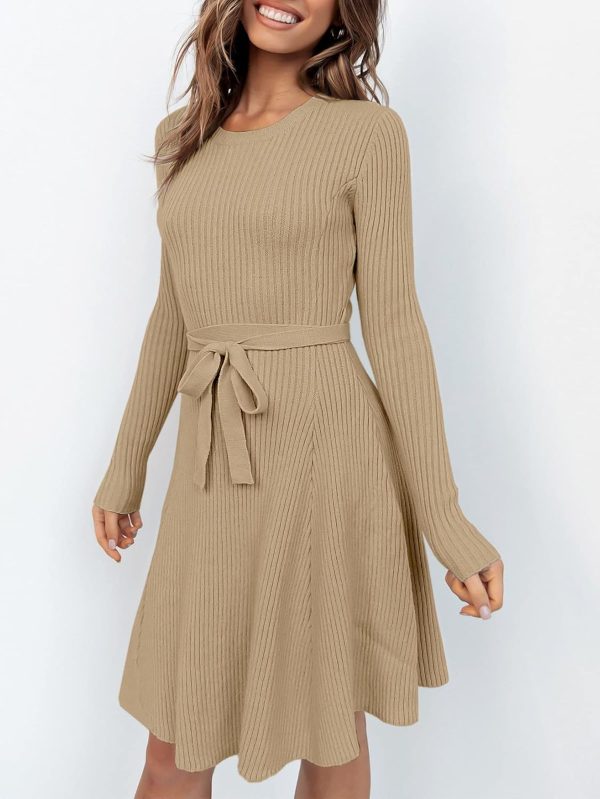 ANRABESS Women's Long Sleeve Midi Dress Crewneck Tie Waist A-Line Swing Casual Bodycon Ribbed Knit 2025 Fall Sweater Dress - Image 72