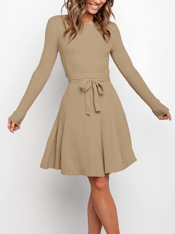 ANRABESS Women's Long Sleeve Midi Dress Crewneck Tie Waist A-Line Swing Casual Bodycon Ribbed Knit 2025 Fall Sweater Dress - Image 73
